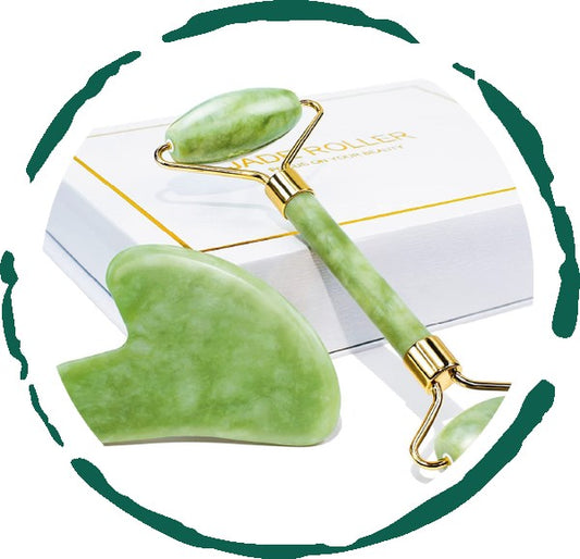 Jade facial roller and gua sha set in a gift box — natural jade tools for facial massage and skincare

