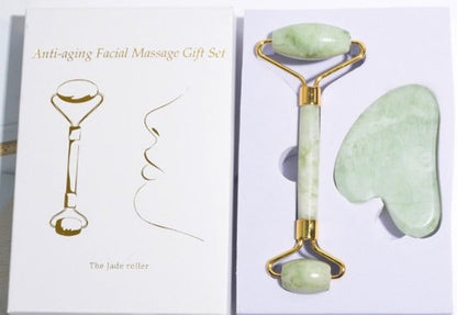Jade facial roller and gua sha set in a gift box — natural jade tools for facial massage and skincare

