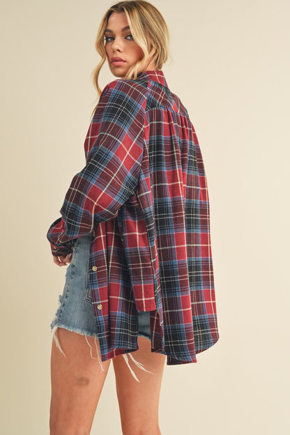 Soft collar and cuffs soften the rugged flannel look.