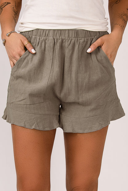 These khaki ruffle shorts are designed to flatter your figure while keeping things light and breezy. With a high-rise fit, soft fabric, and practical pockets, they’re perfect for sunny days and laid-back outings.