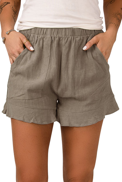 These khaki ruffle shorts are designed to flatter your figure while keeping things light and breezy. With a high-rise fit, soft fabric, and practical pockets, they’re perfect for sunny days and laid-back outings.