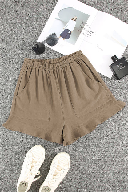 These khaki ruffle shorts are designed to flatter your figure while keeping things light and breezy. With a high-rise fit, soft fabric, and practical pockets, they’re perfect for sunny days and laid-back outings.