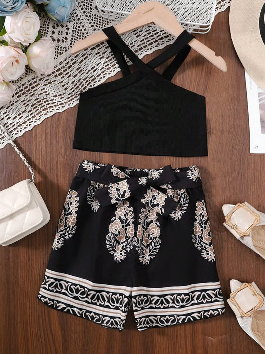 Children’s outfit set: sleeveless cami top with coordinating printed pants, comfy and stylish for kids

