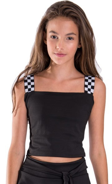 Kids crop top with black-and-white checkerboard elastic straps and square neckline — snug fit, breathable fabric, ideal for summer wear