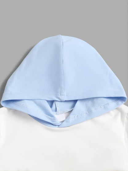 Light blue hood on a white garment against a gray background