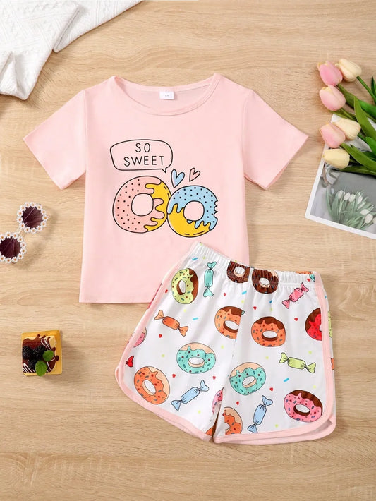 Children’s donut graphic round-neck top paired with matching pants in soft knit fabric

