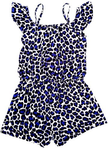 Blue and black leopard print romper with ruffle trim, sleeveless design, and fitted waistline — bold, playful style for warm weather wear