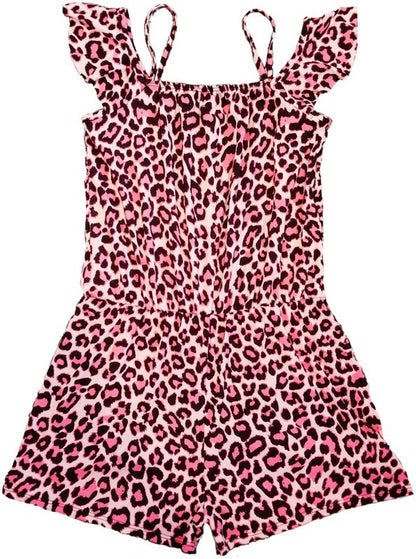 Blue and black leopard print romper with ruffle trim, sleeveless design, and fitted waistline — bold, playful style for warm weather wear