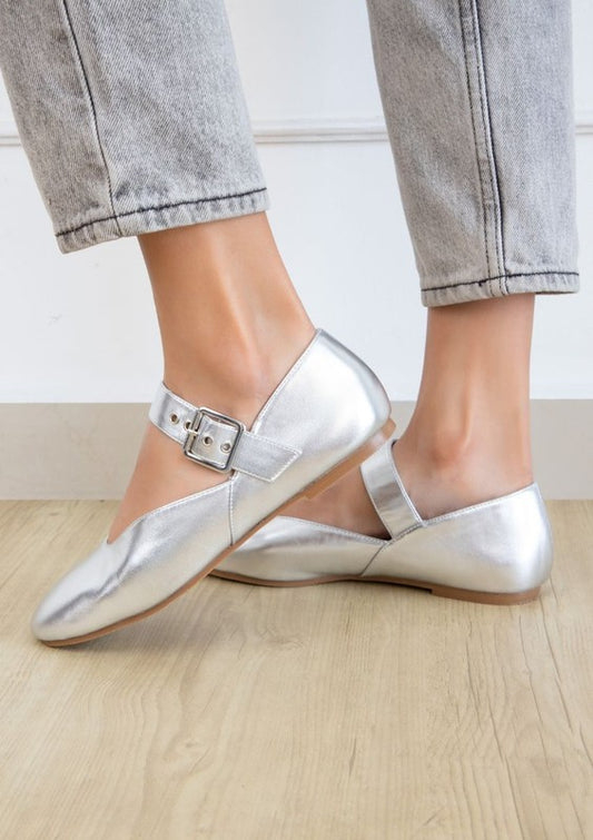 Metallic ballet flats with square toe, ankle strap with buckle closure, elastic slingback, and flat sole with minimal heel