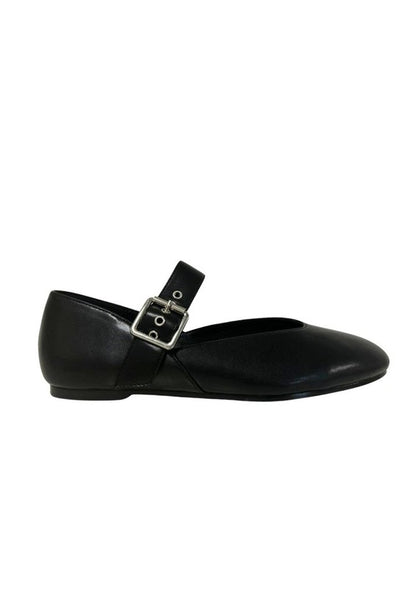 Metallic ballet flats with square toe, ankle strap with buckle closure, elastic slingback, and flat sole with minimal heel