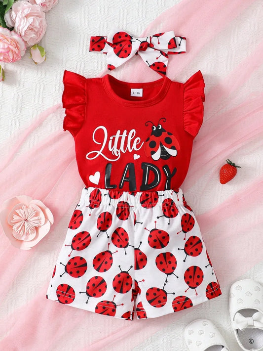 Baby outfit set with ladybug print: short-sleeve top and matching bottoms in soft fabric (sizes 6 months to 3 years)

