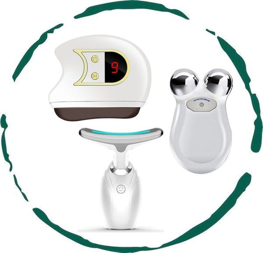 Lift, Sculpt & Glow Toolkit featuring LED therapy, microcurrent toning, and electric gua sha devices for comprehensive facial rejuvenation.

