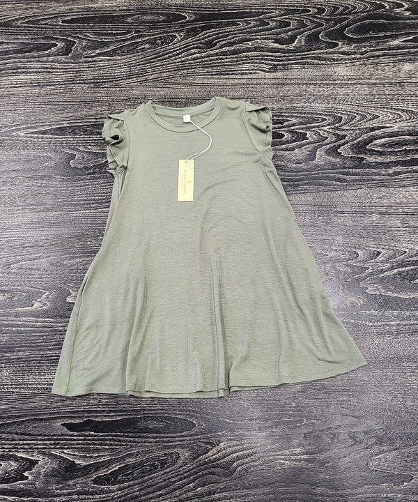 Kids bamboo tulip dress with ruffle sleeves, side pockets, and a relaxed fit — breathable and gentle on sensitive skin

