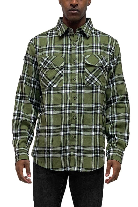 This long-sleeve flannel shirt features a full plaid checkered pattern with a cozy, classic look.