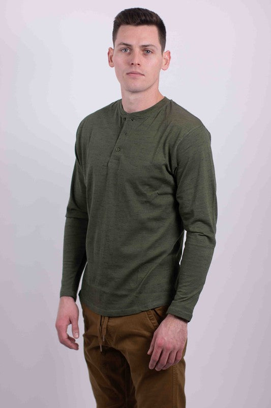 A versatile long-sleeve Henley tee that combines casual comfort with timeless style, featuring a buttoned placket and soft, breathable fabric for everyday wear.

