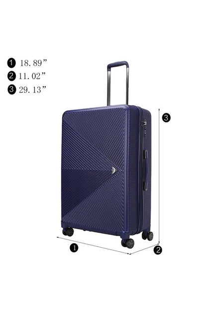 a durable hardshell suitcase with a modern geometric textured design and spinner wheels.