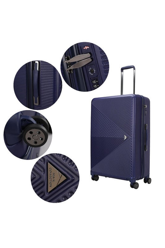 a durable hardshell suitcase with a modern geometric textured design and spinner wheels.