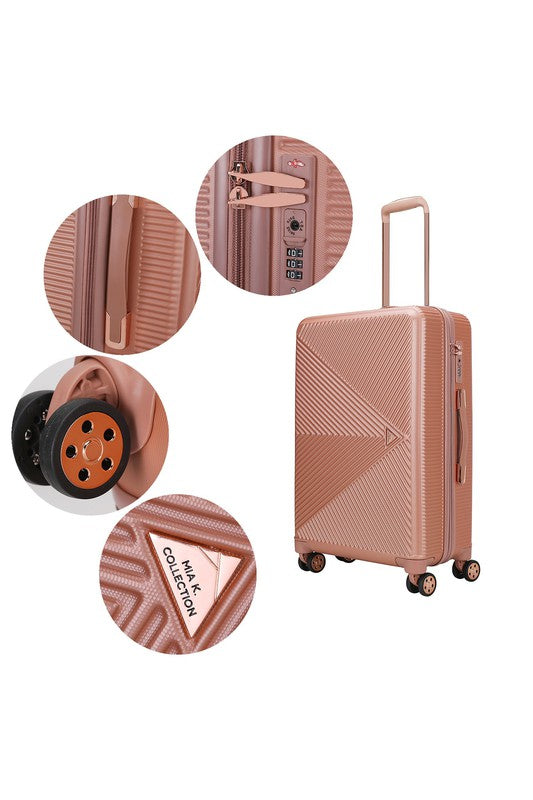 Stylish large-sized travel luggage with a distinctive angular pattern and retractable handle on a sidewalk.
