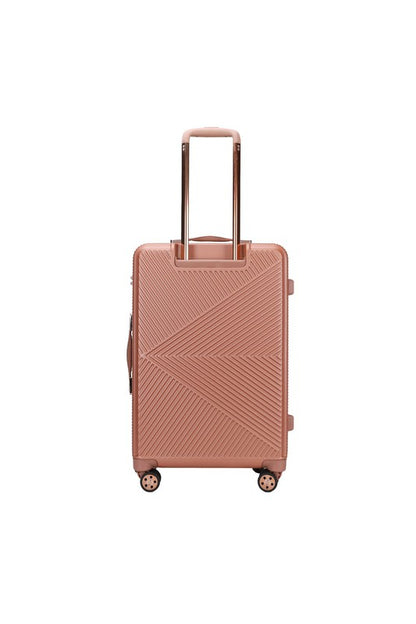 durable hardshell suitcase with a modern geometric textured design and spinner wheels.