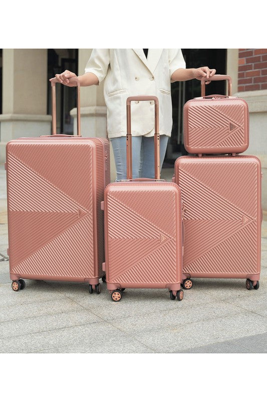 Stylish nested luggage set including carry-on, medium, and large suitcases, offering versatile travel options.