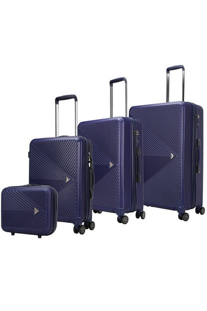 Complete travel suitcase set in varying sizes, featuring a distinctive angular pattern and durable construction.