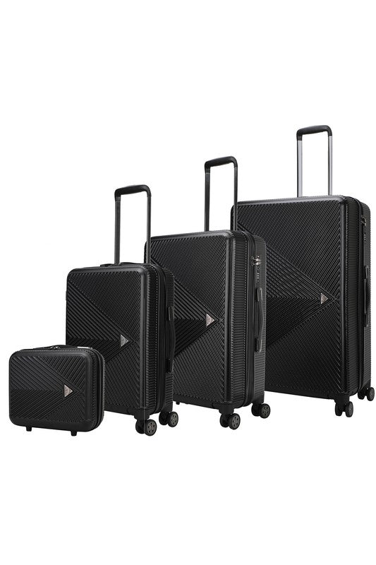 Four-piece hardshell luggage set with a modern geometric textured design and smooth spinner wheels