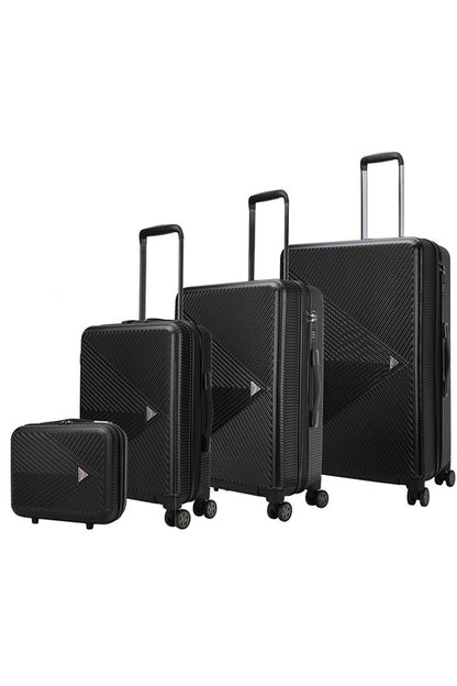 Four-piece hardshell luggage set with a modern geometric textured design and smooth spinner wheels