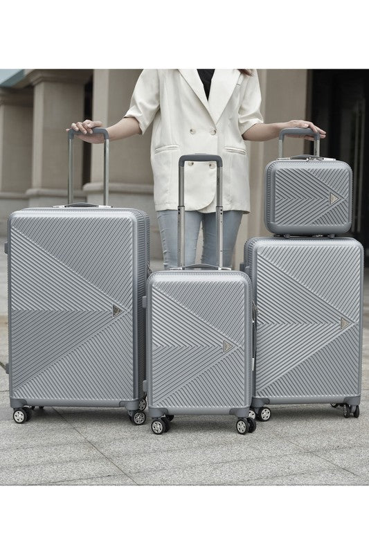 Stylish nested luggage set including carry-on, medium, and large suitcases, offering versatile travel options.