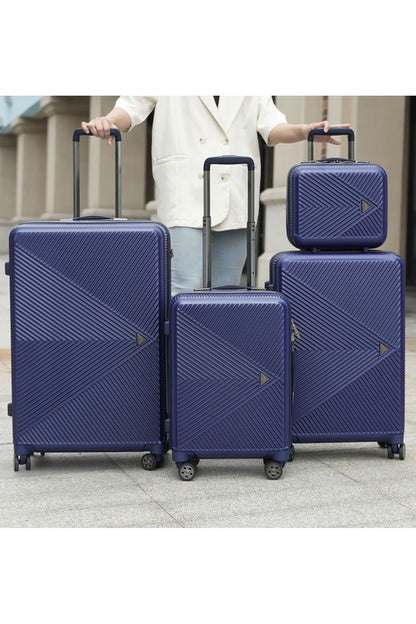 Four-piece hardshell luggage set with a modern geometric textured design and smooth spinner wheels