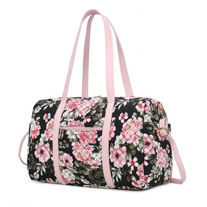 Fashionable floral quilted weekend bag with a durable design, perfect for short trips.