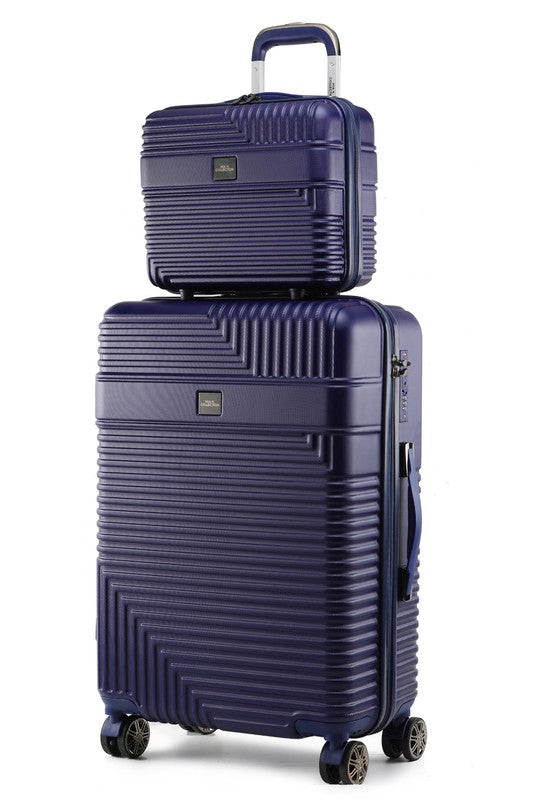 a two-piece hardshell luggage set stacked on a sidewalk, featuring a textured design and spinner wheels.
