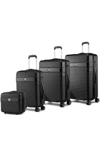 Four-piece hardshell luggage set in varying sizes, featuring a modern textured design and spinner wheels.