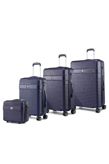 Four-piece hardshell luggage set in varying sizes, featuring a modern textured design and spinner wheels.