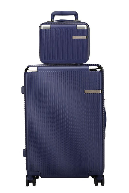 Coordinating travel luggage set with a modern ribbed pattern, ideal for short trips or business.