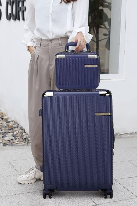 Durable suitcase and beauty case set with a sleek design and smooth-rolling functionality.