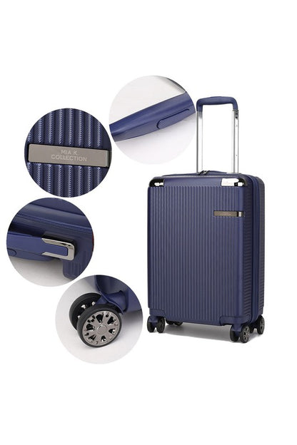 Navy blue hard-shell suitcase with vertical texture, telescopic handle, side handle, and double spinner wheels—shown with close-ups of the handle, corner detail, "MIA TORO COLLECTION" nameplate, and wheel design.