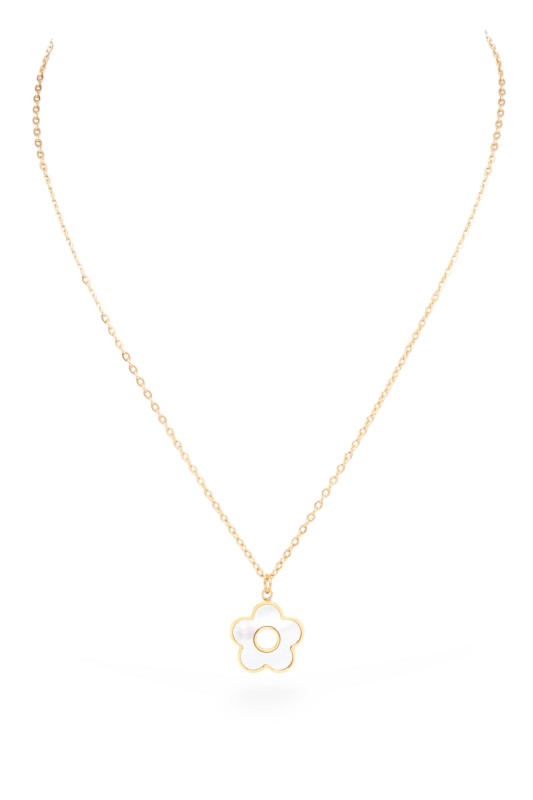 A gold necklace with a flower-shaped pendant. The pendant has a mother-of-pearl-like center with a gold outline and a circular cutout in the middle.