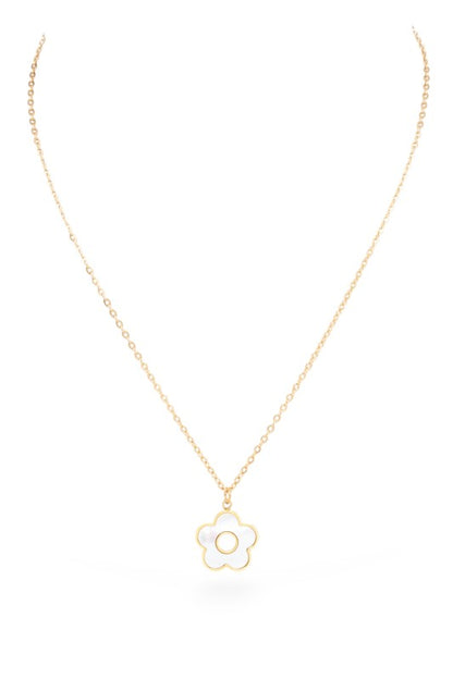 A gold necklace with a flower-shaped pendant. The pendant has a mother-of-pearl-like center with a gold outline and a circular cutout in the middle.