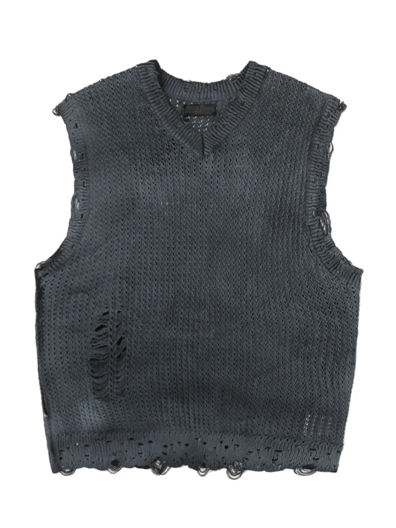 A stylish men’s distressed knit vest featuring intentionally frayed edges for a rugged, contemporary look.