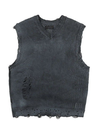 A stylish men’s distressed knit vest featuring intentionally frayed edges for a rugged, contemporary look.