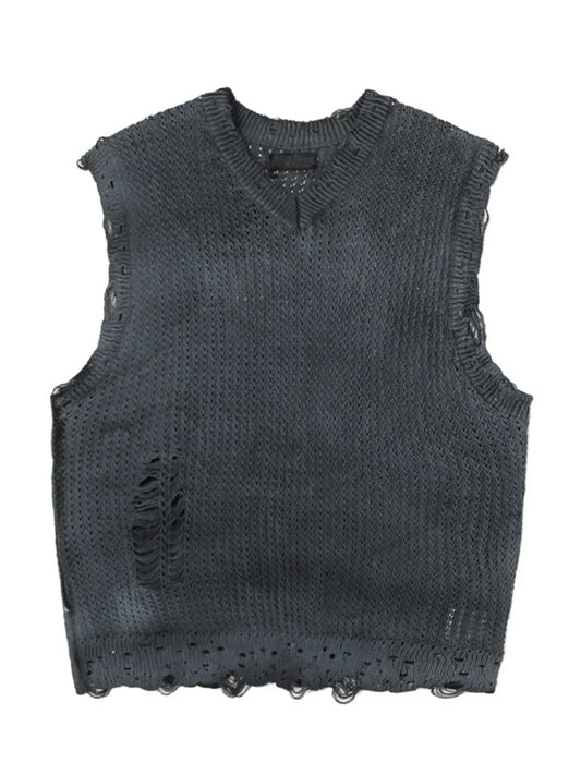 A stylish men’s distressed knit vest featuring intentionally frayed edges for a rugged, contemporary look.