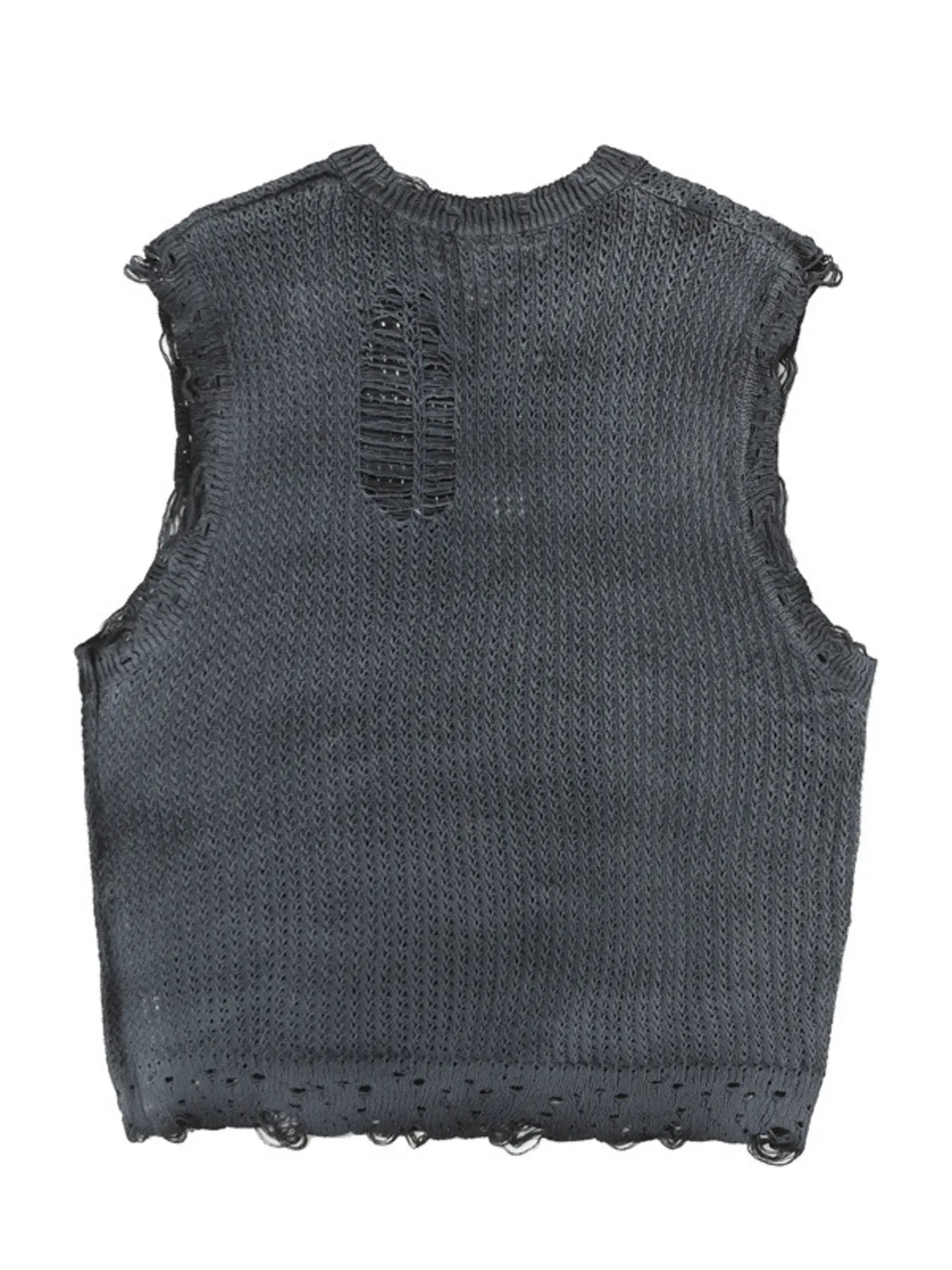 A stylish men’s distressed knit vest featuring intentionally frayed edges for a rugged, contemporary look.