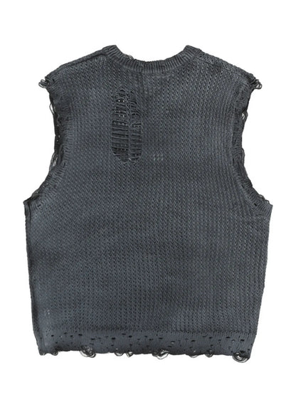 A stylish men’s distressed knit vest featuring intentionally frayed edges for a rugged, contemporary look.