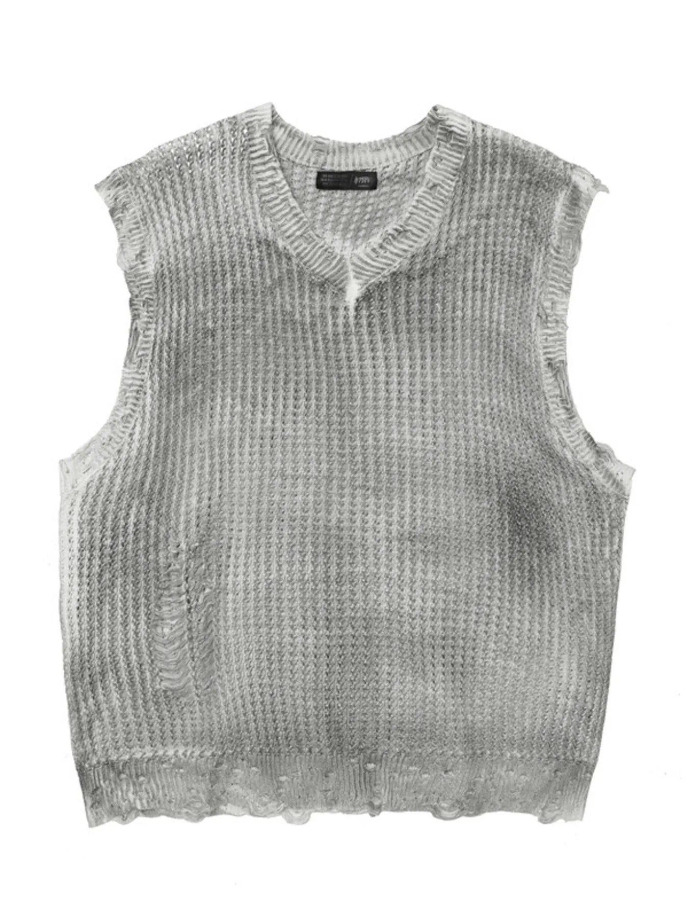 A stylish men’s distressed knit vest featuring intentionally frayed edges for a rugged, contemporary look.

