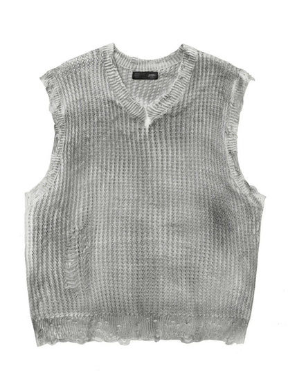A stylish men’s distressed knit vest featuring intentionally frayed edges for a rugged, contemporary look.

