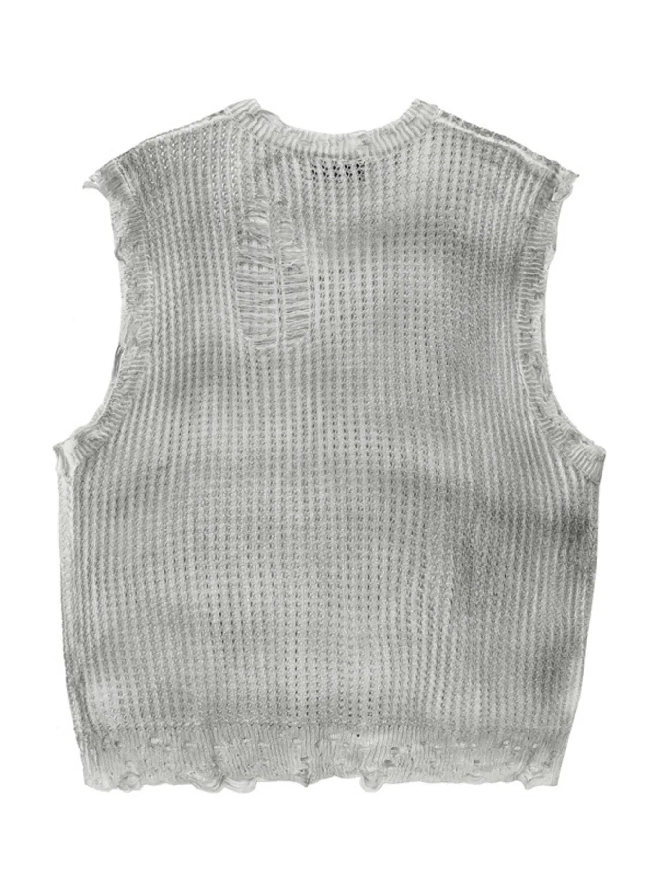 A stylish men’s distressed knit vest featuring intentionally frayed edges for a rugged, contemporary look.