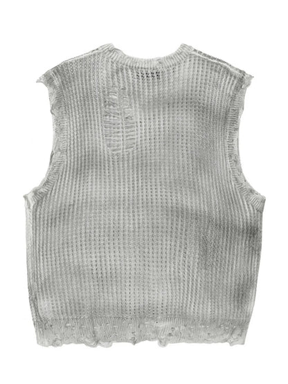 A stylish men’s distressed knit vest featuring intentionally frayed edges for a rugged, contemporary look.