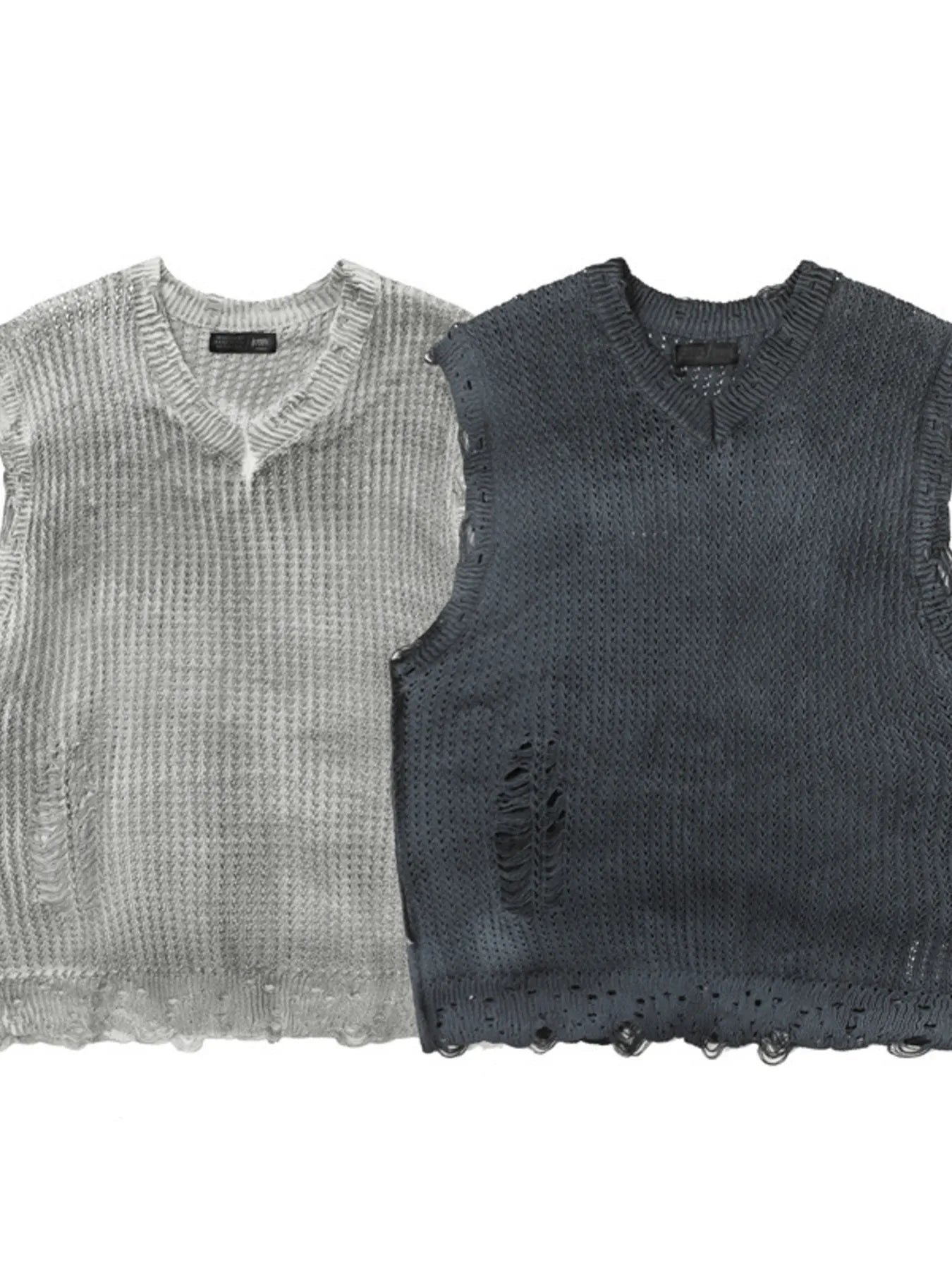 A stylish men’s distressed knit vest featuring intentionally frayed edges for a rugged, contemporary look.