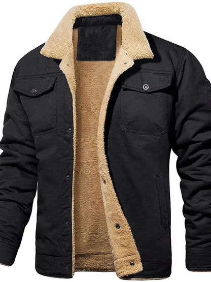 Men’s black button-up long sleeve jacket with brown fur and front pockets