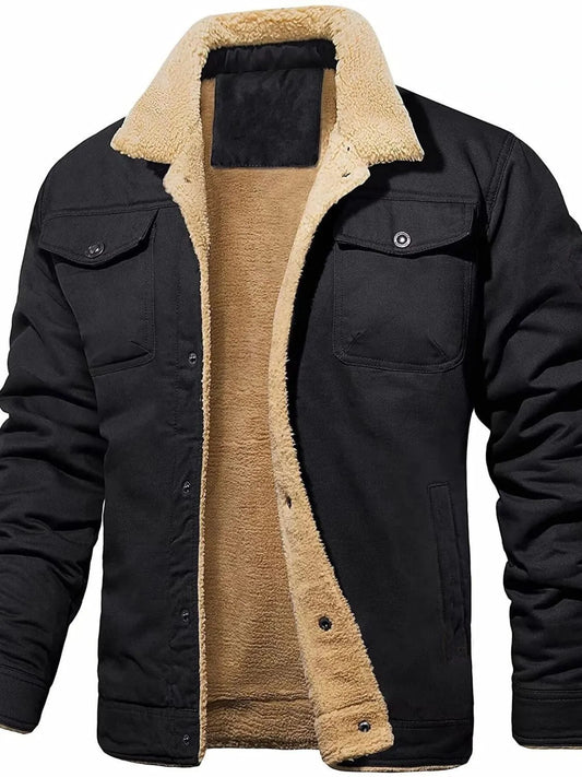 Men’s black button-up long sleeve jacket with brown fur and front pockets
